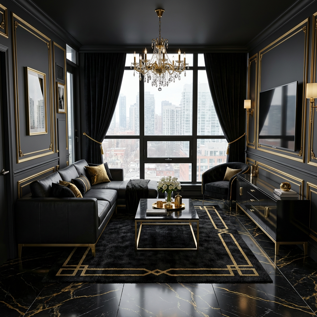 Black & Gold Italian Living Room - AI Generated Interior Design